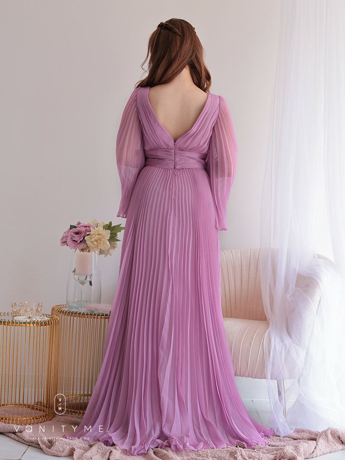 vanityME.couture. バニティミークチュール シフォンドレス 長袖ドレスVネック ハイウエスト ロングドレス ピンク vctr-la-2352-2