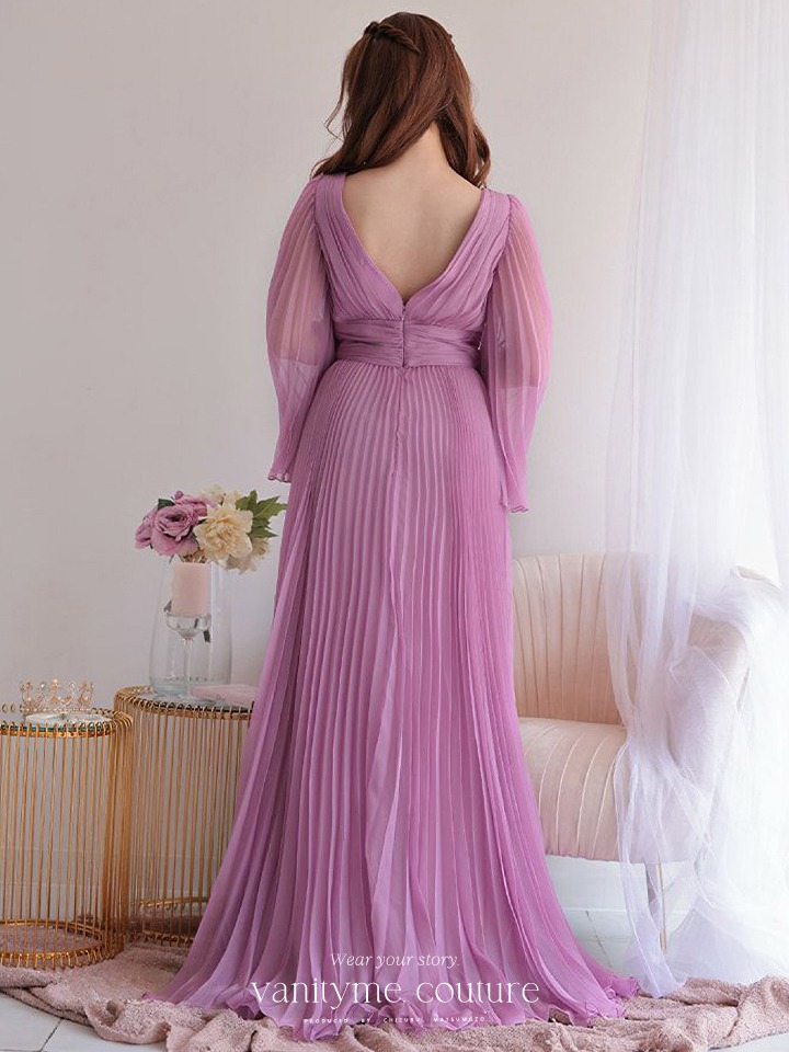 vanityME.couture. バニティミークチュール シフォンドレス 長袖ドレスVネック ハイウエスト ロングドレス ピンク vctr-la-2352-2