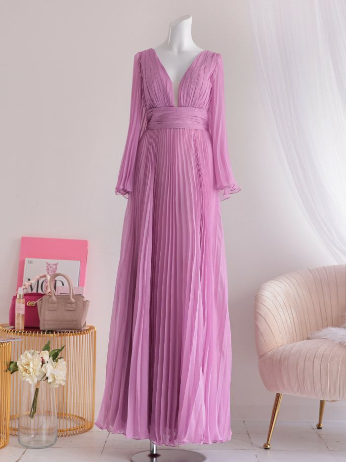 vanityME.couture. バニティミークチュール シフォンドレス 長袖ドレスVネック ハイウエスト ロングドレス ピンク vctr-la-2352-2