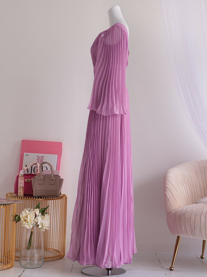 vanityME.couture. バニティミークチュール シフォンドレス 長袖ドレスVネック ハイウエスト ロングドレス ピンク vctr-la-2352-2