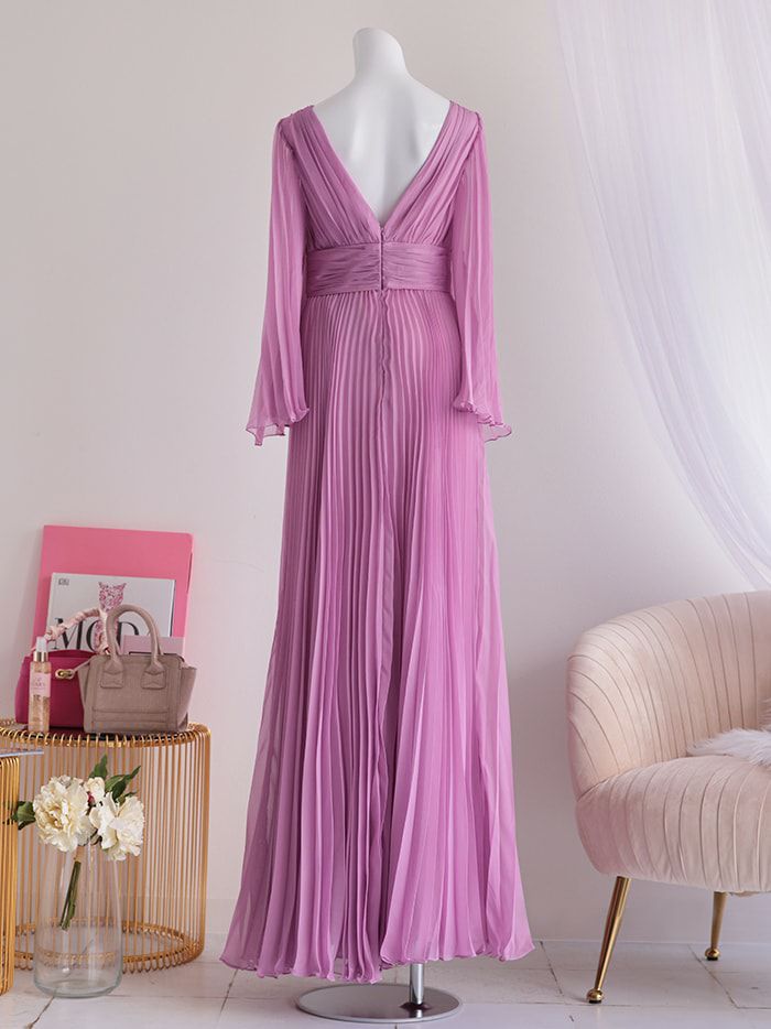 vanityME.couture. バニティミークチュール シフォンドレス 長袖ドレスVネック ハイウエスト ロングドレス ピンク vctr-la-2352-2