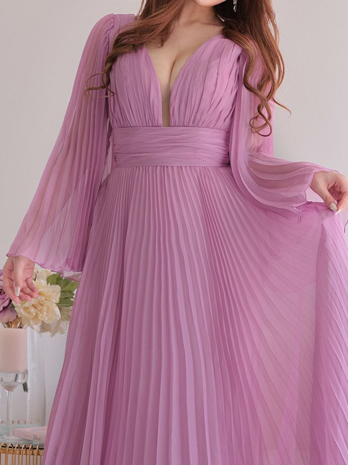 vanityME.couture. バニティミークチュール シフォンドレス 長袖ドレスVネック ハイウエスト ロングドレス ピンク vctr-la-2352-2