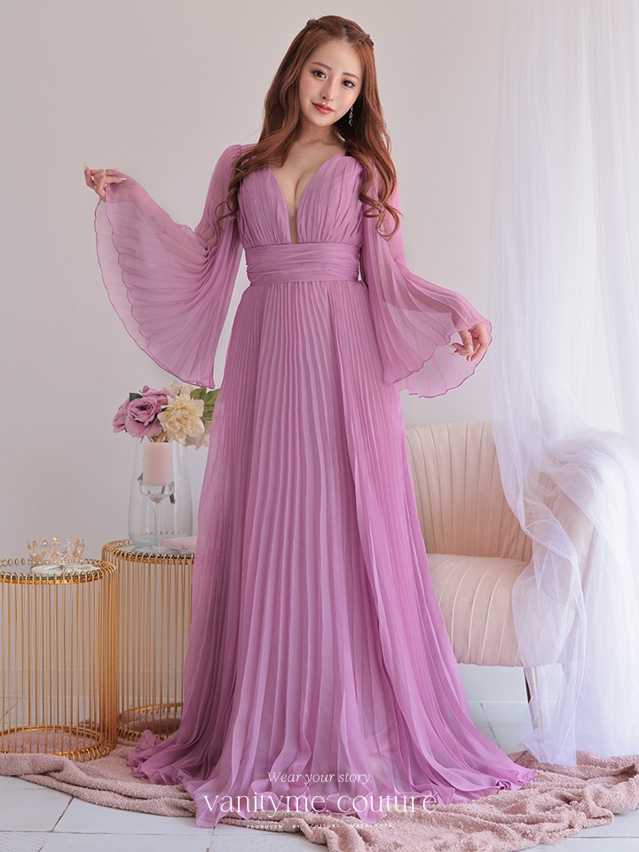 vanityME.couture. バニティミークチュール シフォンドレス 長袖ドレスVネック ハイウエスト ロングドレス ピンク vctr-la-2352-2