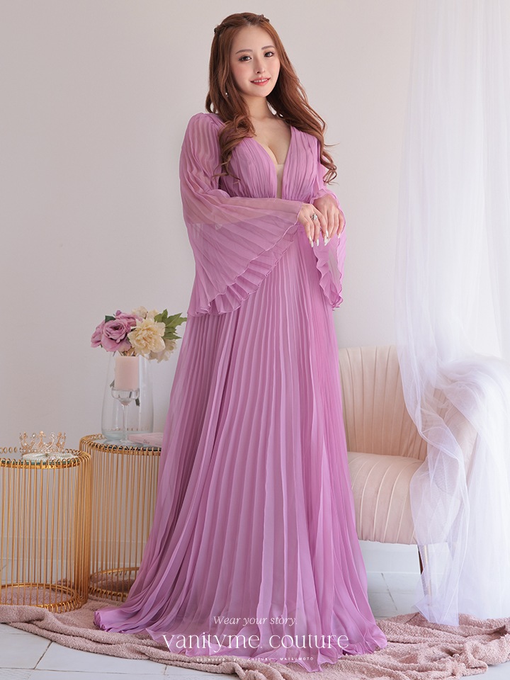 vanityME.couture. バニティミークチュール シフォンドレス 長袖ドレスVネック ハイウエスト ロングドレス ピンク vctr-la-2352-2