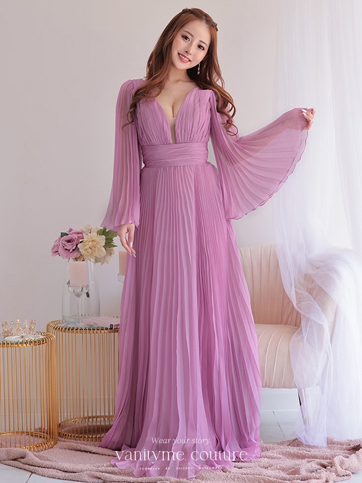 vanityME.couture. バニティミークチュール シフォンドレス 長袖ドレスVネック ハイウエスト ロングドレス ピンク vctr-la-2352-2