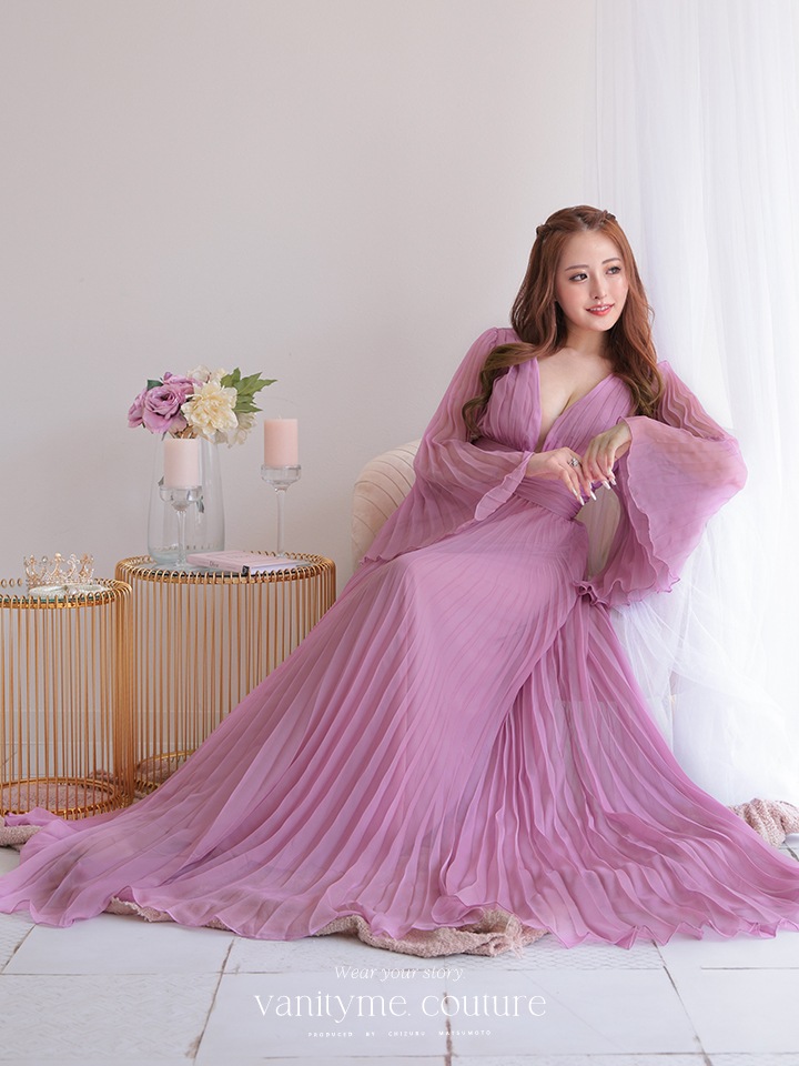 vanityME.couture. バニティミークチュール シフォンドレス 長袖ドレスVネック ハイウエスト ロングドレス ピンク vctr-la-2352-2