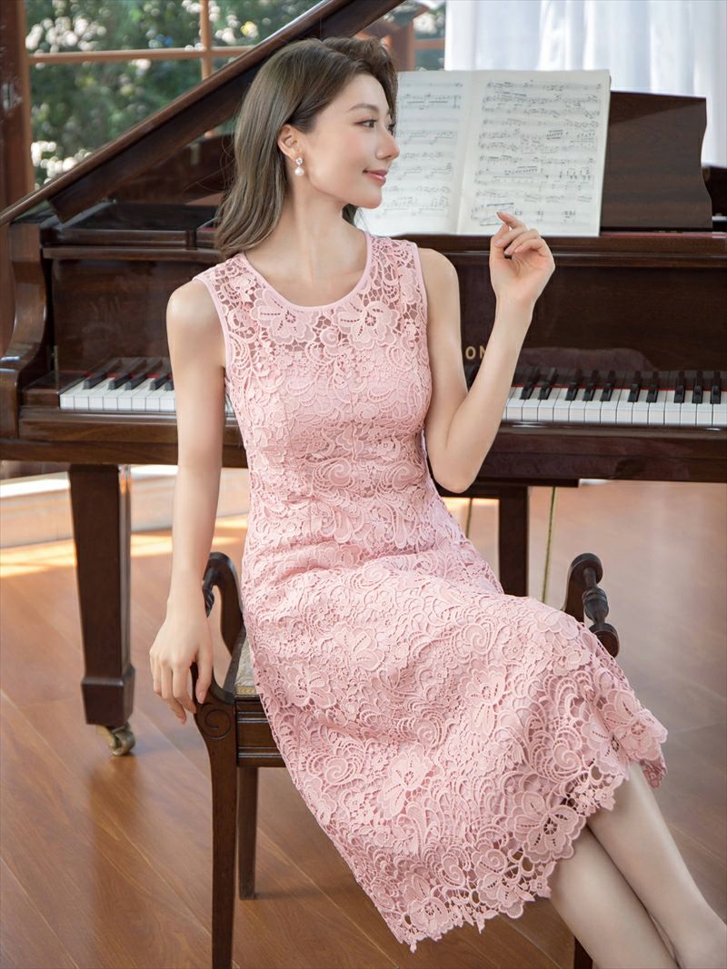 ERUKEI エルケイ SETTAN ピンク 総レース・フラワーレース・ノースリーブ・Aライン・ミディアムドレス・ワンピース ek-c22099-4