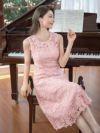 ERUKEI エルケイ SETTAN ピンク 総レース・フラワーレース・ノースリーブ・Aライン・ミディアムドレス・ワンピース ek-c22099-4