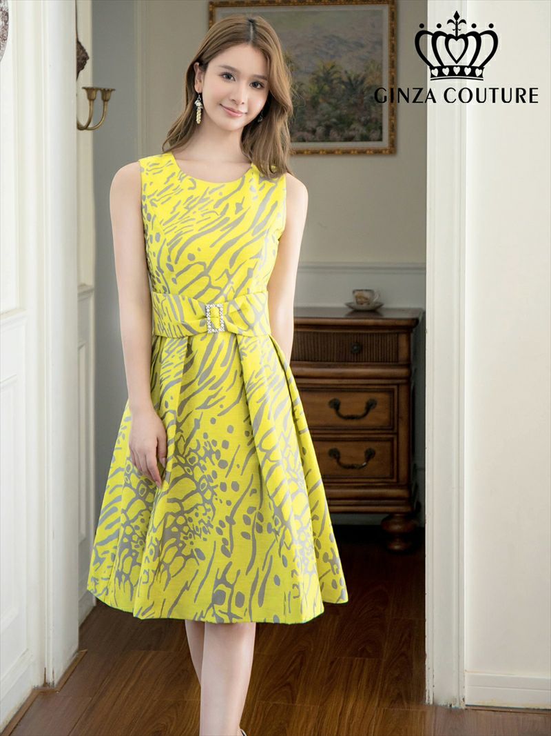 ERUKEI エルケイ グリーン プリント・パールビジュー・ウエストマーク・ノースリーブ・フレア・Aライン・ミディアムドレス・ワンピース ek-c2699-2