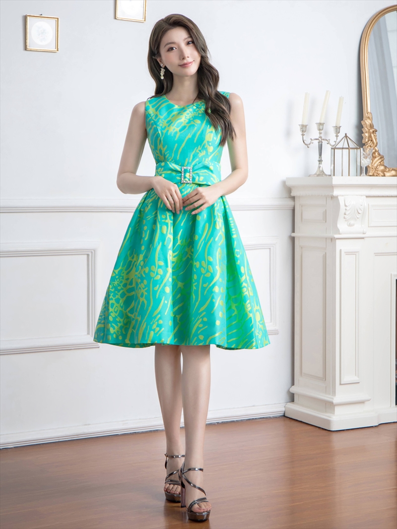 ERUKEI エルケイ プリント・パールビジュー・ウエストマーク・ノースリーブ・フレア・Aライン・ミディアムドレス・ワンピース ek-c2699-2