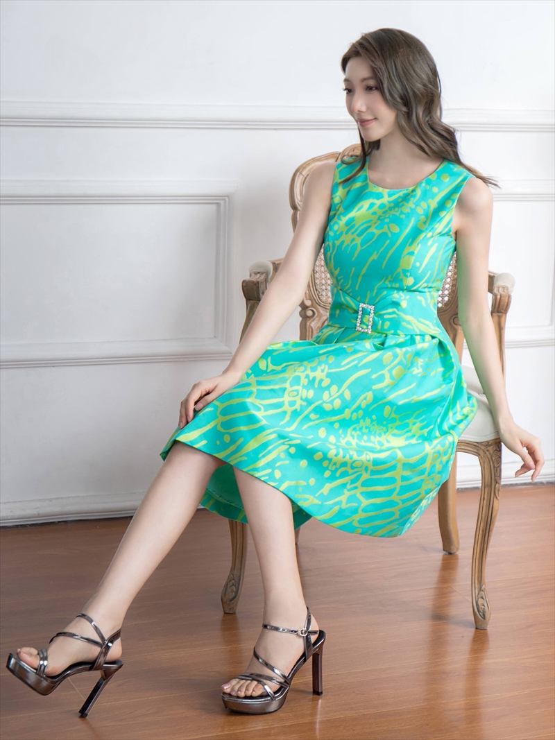 ERUKEI エルケイ プリント・パールビジュー・ウエストマーク・ノースリーブ・フレア・Aライン・ミディアムドレス・ワンピース ek-c2699-2