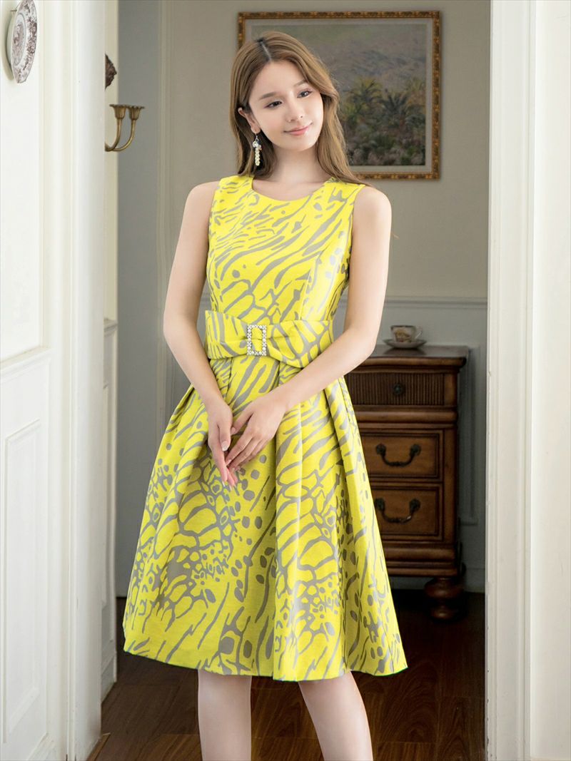 ERUKEI エルケイ プリント・パールビジュー・ウエストマーク・ノースリーブ・フレア・Aライン・ミディアムドレス・ワンピース ek-c2699-2