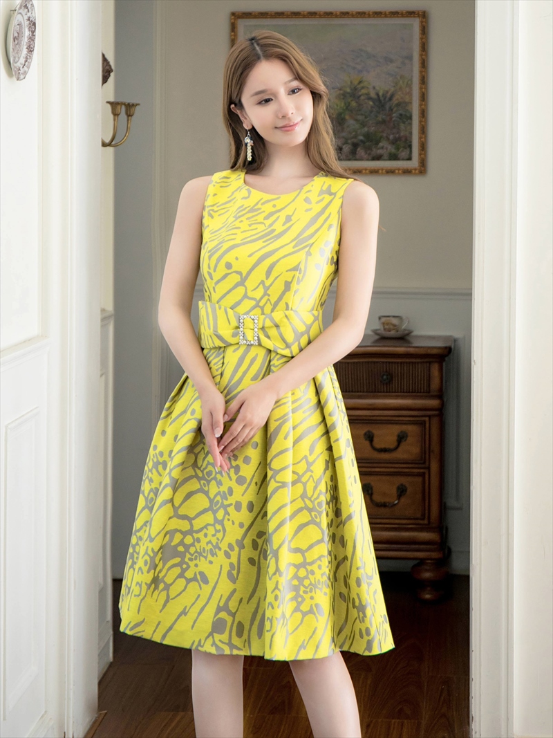 ERUKEI エルケイ プリント・パールビジュー・ウエストマーク・ノースリーブ・フレア・Aライン・ミディアムドレス・ワンピース ek-c2699-2