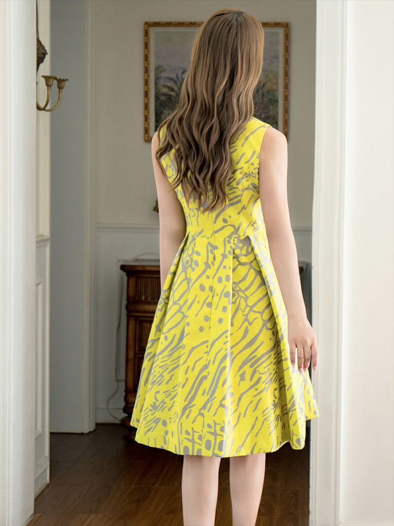 ERUKEI エルケイ プリント・パールビジュー・ウエストマーク・ノースリーブ・フレア・Aライン・ミディアムドレス・ワンピース ek-c2699-2