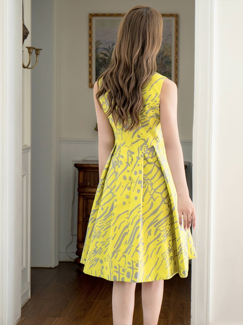 ERUKEI エルケイ プリント・パールビジュー・ウエストマーク・ノースリーブ・フレア・Aライン・ミディアムドレス・ワンピース ek-c2699-2