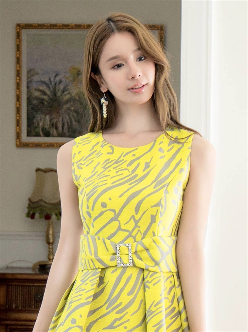 ERUKEI エルケイ プリント・パールビジュー・ウエストマーク・ノースリーブ・フレア・Aライン・ミディアムドレス・ワンピース ek-c2699-2