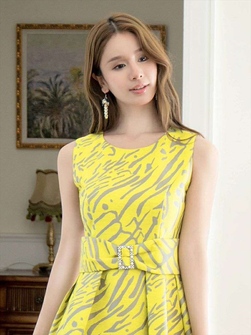 ERUKEI エルケイ プリント・パールビジュー・ウエストマーク・ノースリーブ・フレア・Aライン・ミディアムドレス・ワンピース ek-c2699-2