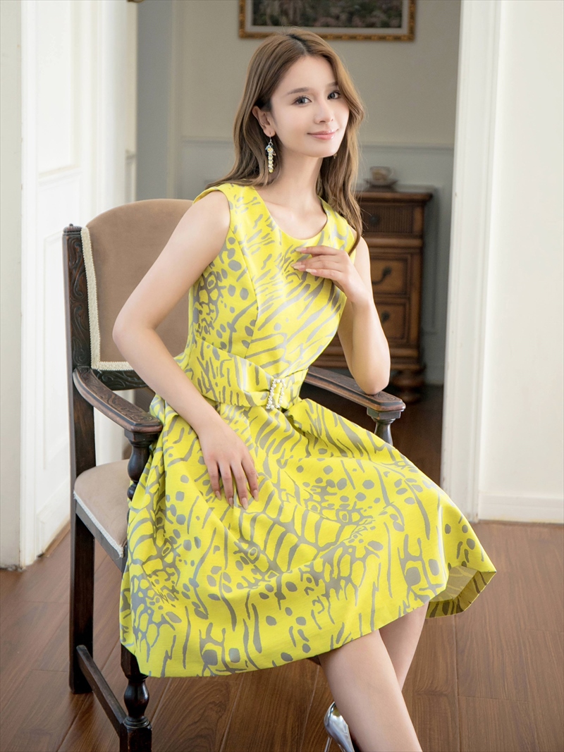 ERUKEI エルケイ プリント・パールビジュー・ウエストマーク・ノースリーブ・フレア・Aライン・ミディアムドレス・ワンピース ek-c2699-2