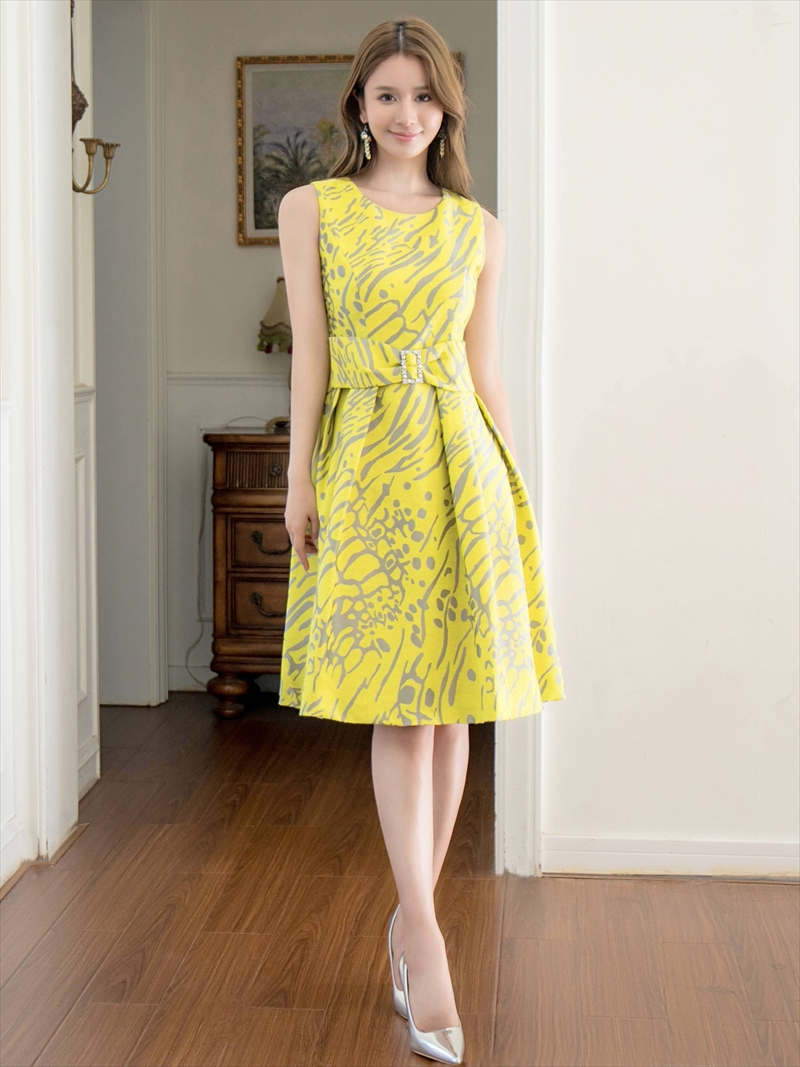 ERUKEI エルケイ プリント・パールビジュー・ウエストマーク・ノースリーブ・フレア・Aライン・ミディアムドレス・ワンピース ek-c2699-2