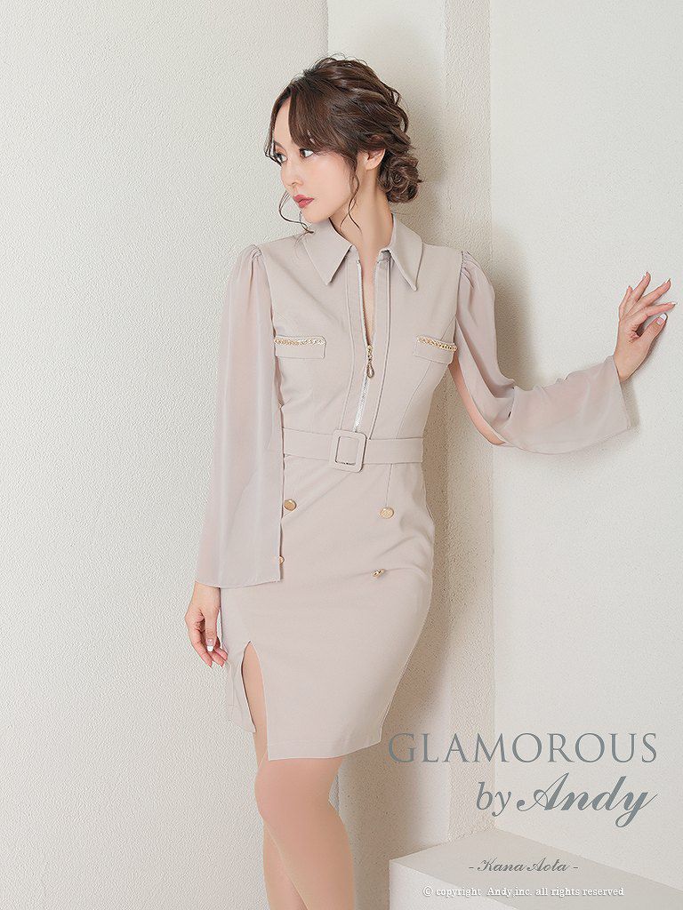 【10月下旬入荷予定】GLAMOROUS ベージュ 襟付き マントスリーブ ウエストベルト フロントジップ タイト ミニドレス【袖取り外し可能】 gms-v775-1