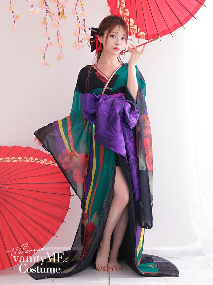 花魁 コスチューム 遊女 花魁 緑 和柄 本格和装 着物 花魁ドレス vcsot 