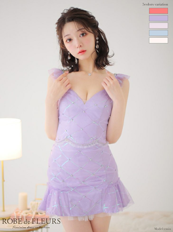 ROBE de FLEURS ローブドフルール ピンク スパンコール×ドットチュールセットアップミニドレス fm2757-4