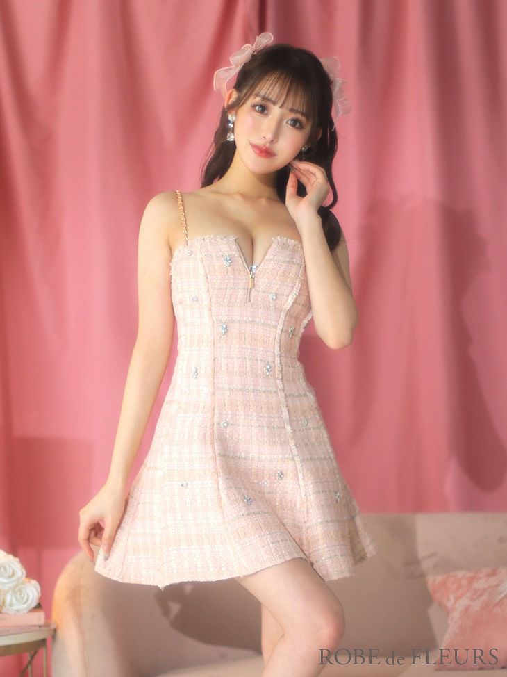 ROBE de FLEURS ローブドフルール ラメツイードランダムビジューキャミドレス fm3501-c