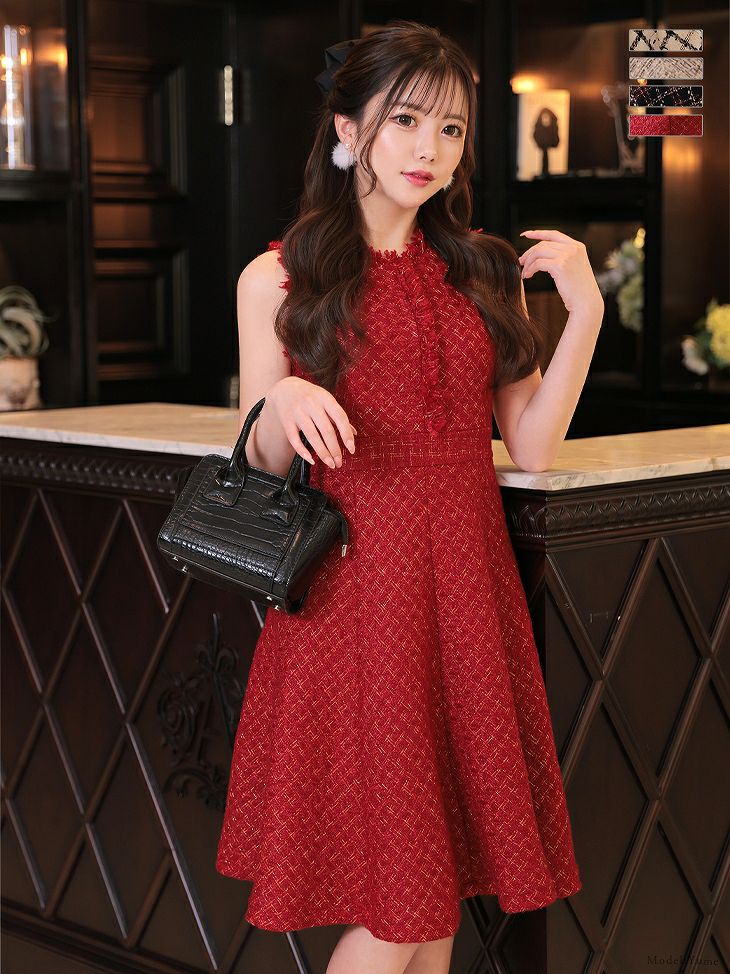 vanityME. × ROBE de FLEURS Collaboration Dress LADY TWEED FLARE DRESS レッド [せいはちゃん着用] de2546a-4-se