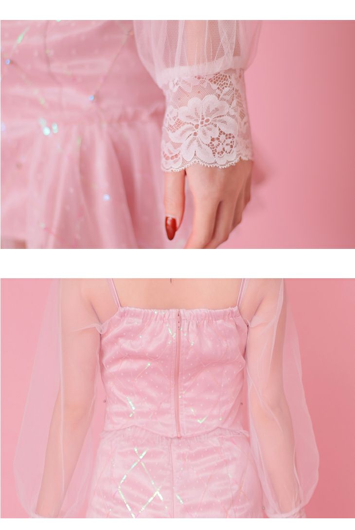 ROBE de FLEURS ローブドフルール ピンク スパンコール×ドットチュール袖付きセットアップミニドレス fm2786-1