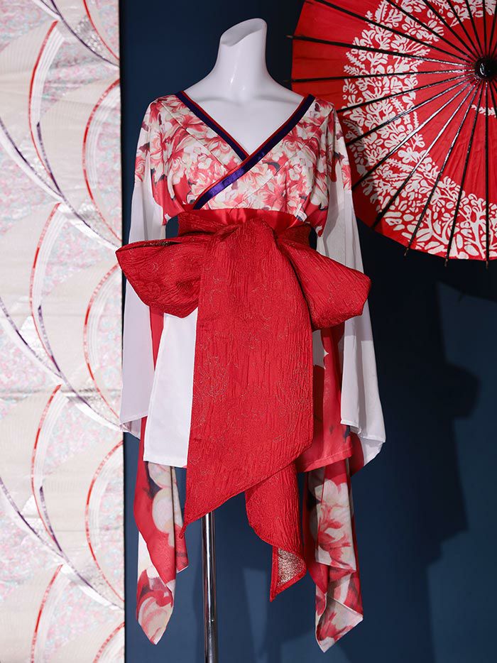 2点セット】花魁 ミニ 純白花魁 花柄シフォン 花魁コスチューム 和柄