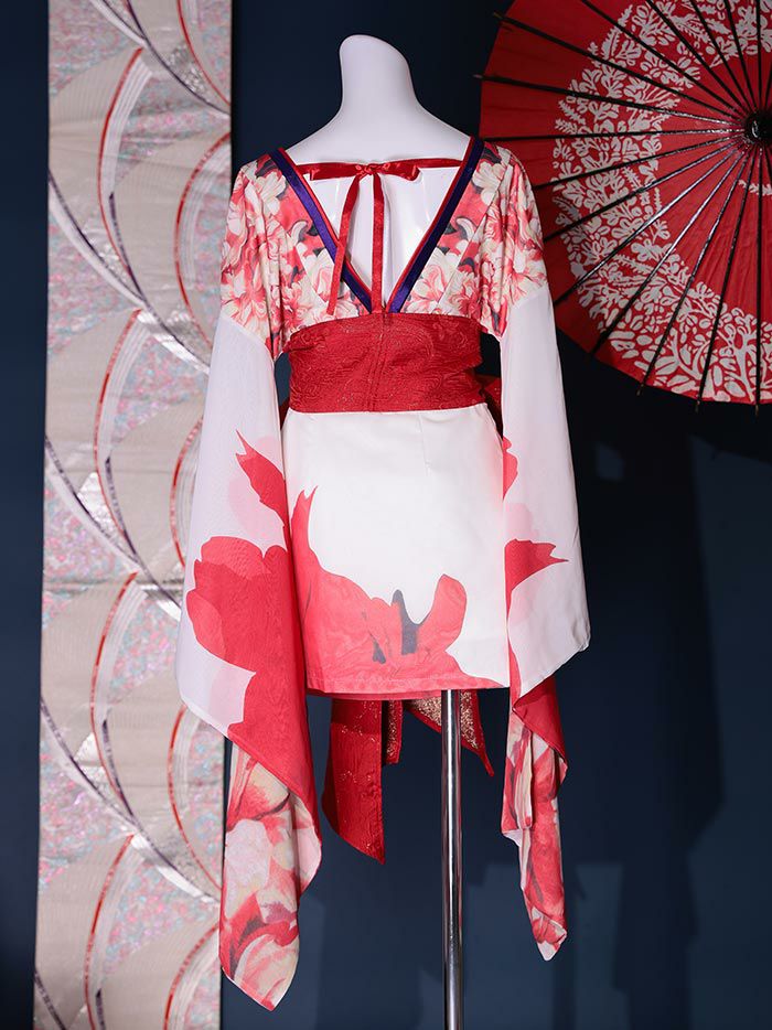 2点セット】花魁 ミニ 純白花魁 花柄シフォン 花魁コスチューム