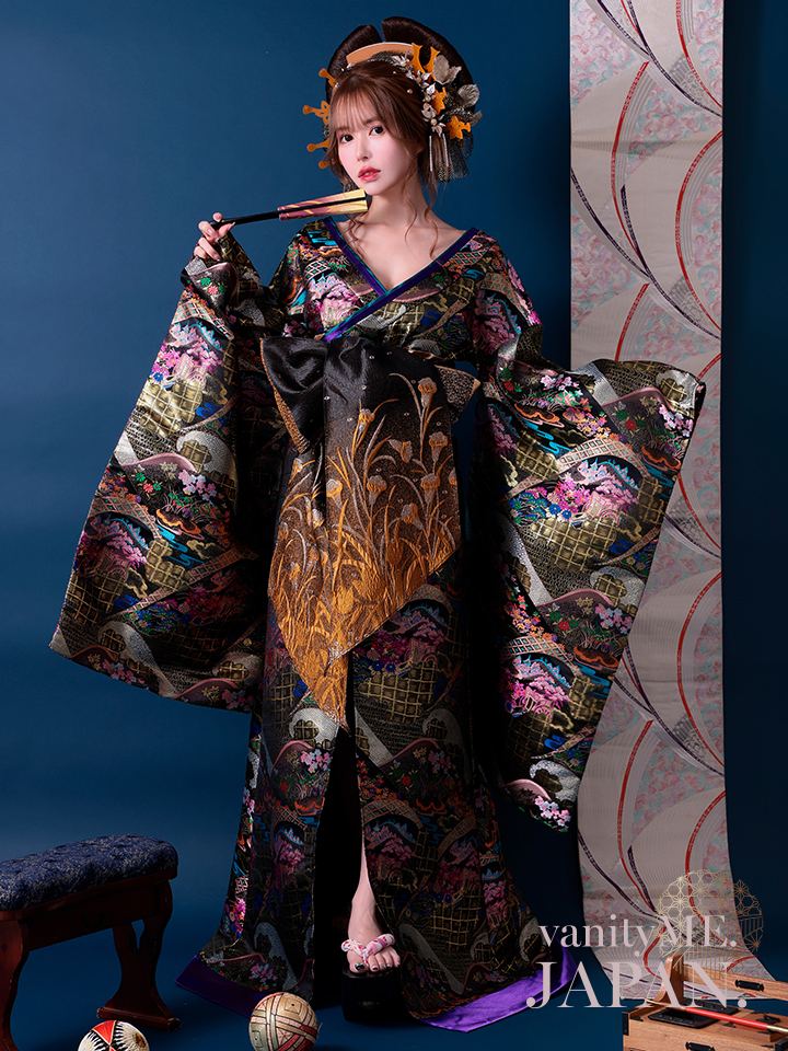 花魁 大奥 花魁コスチューム 黒 和柄 本格和装 着物 花魁ドレス vcsot-230175