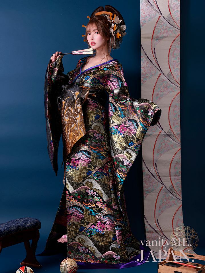 花魁 大奥 花魁コスチューム 黒 和柄 本格和装 着物 花魁ドレス vcsot-230175