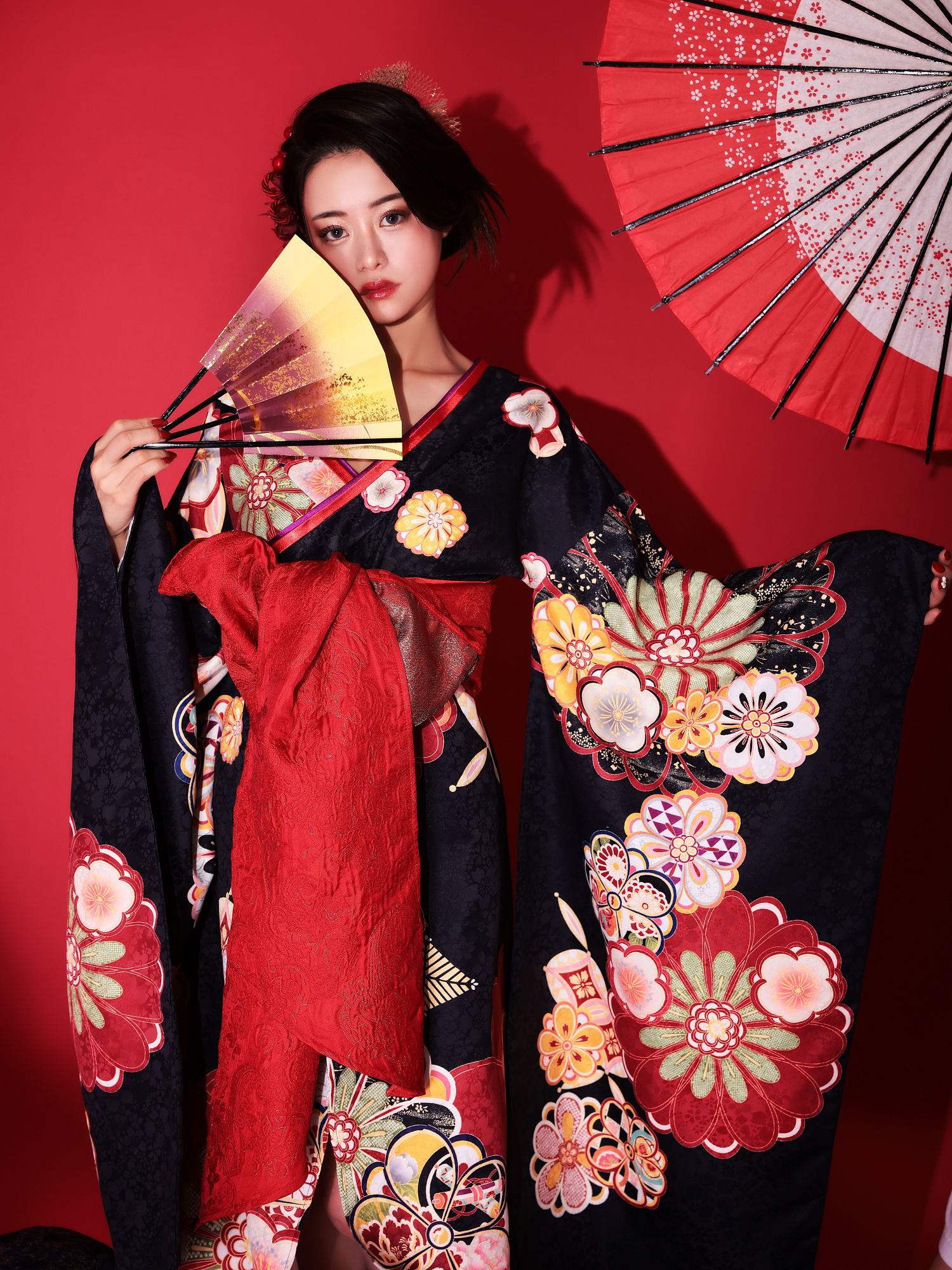 2点セット】花魁 大判華柄 花魁コスチューム 黒 和柄 本格和装 着物 