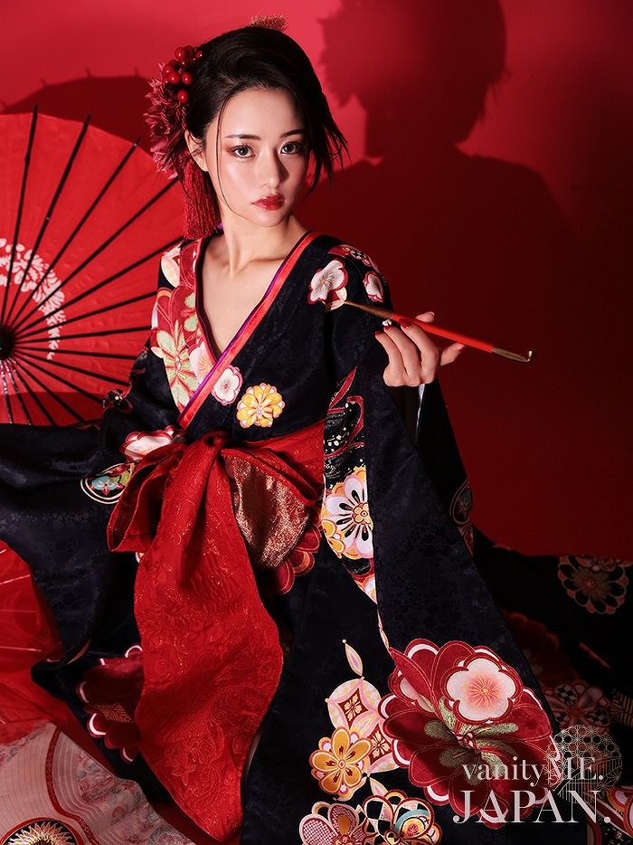 2点セット】花魁 大判華柄 花魁コスチューム 黒 和柄 本格和装