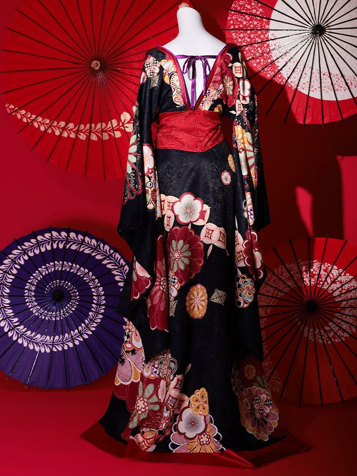2点セット】花魁 大判華柄 花魁コスチューム 黒 和柄 本格和装