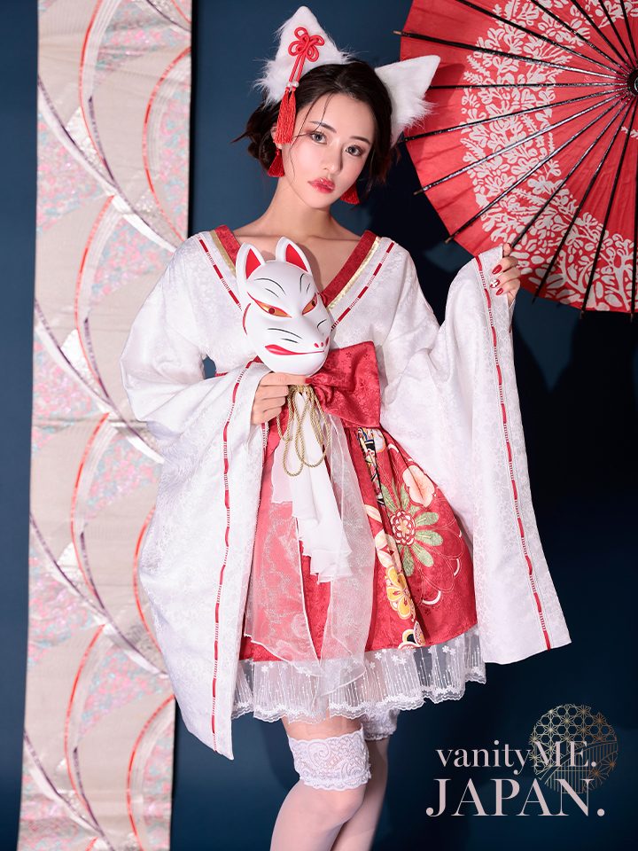 【2点セット】狐巫女 ミニ丈 赤 vcsot-231017-1