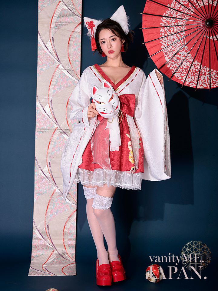 【2点セット】狐巫女 ミニ丈 赤 vcsot-231017-1