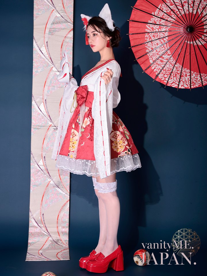 【2点セット】狐巫女 ミニ丈 赤 vcsot-231017-1