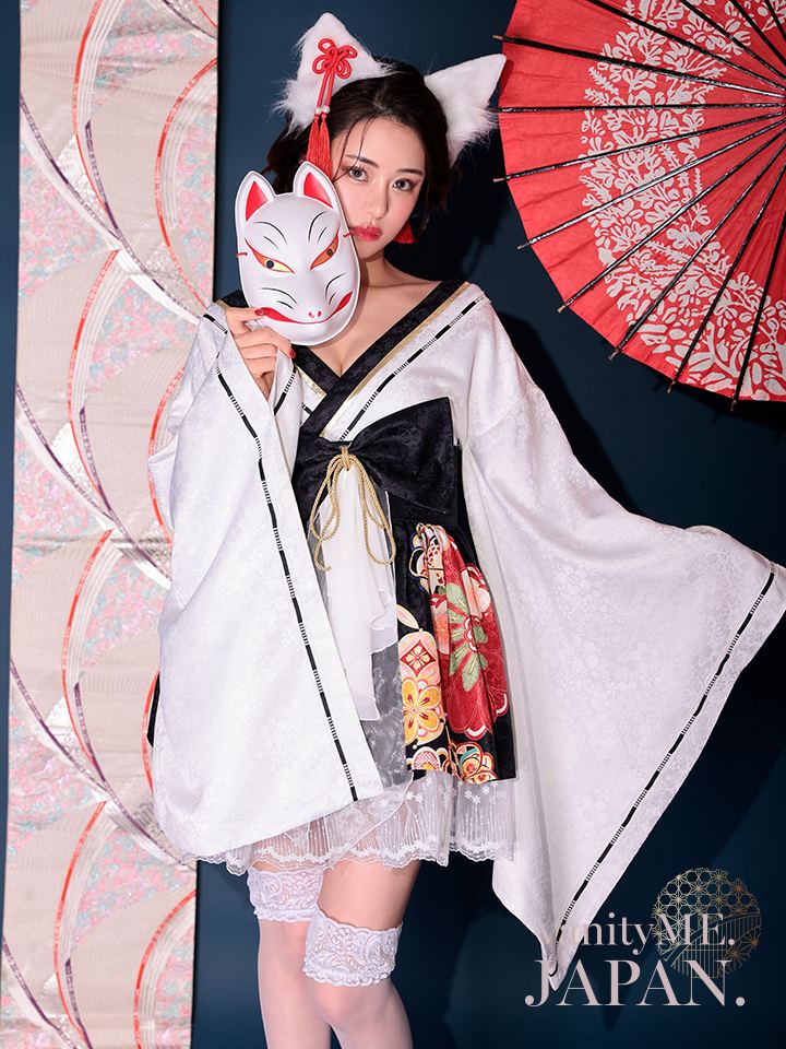 2点セット】狐巫女 ミニ丈 白×黒 vcsot-231017-2