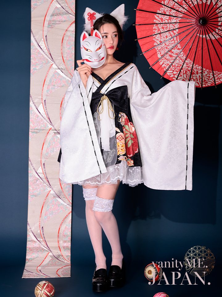 2点セット】狐巫女 ミニ丈 白×黒 vcsot-231017-2