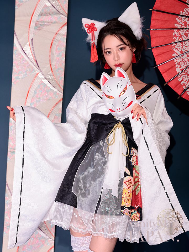 2点セット】狐巫女 ミニ丈 白×黒 vcsot-231017-2