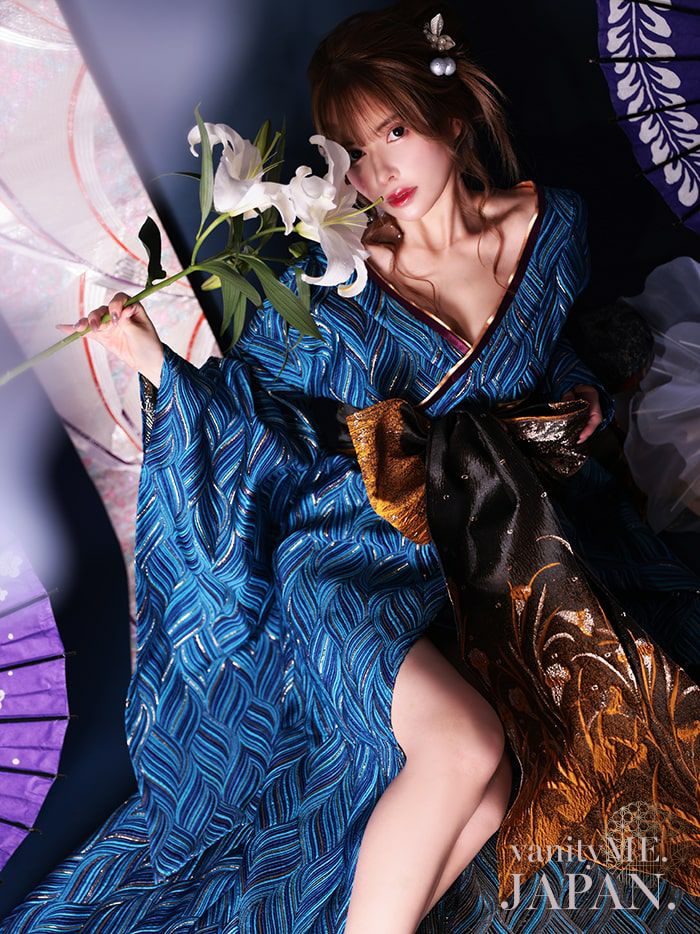 【2点セット】花魁コスチューム 青 和柄 本格和装 着物 花魁ドレス vcsot-231073