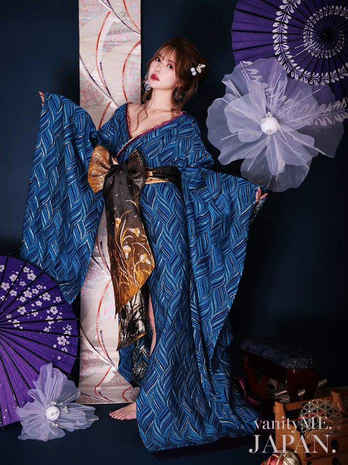 魁コスチューム 青 和柄 本格和装 着物 花魁ドレス vcsot-231073