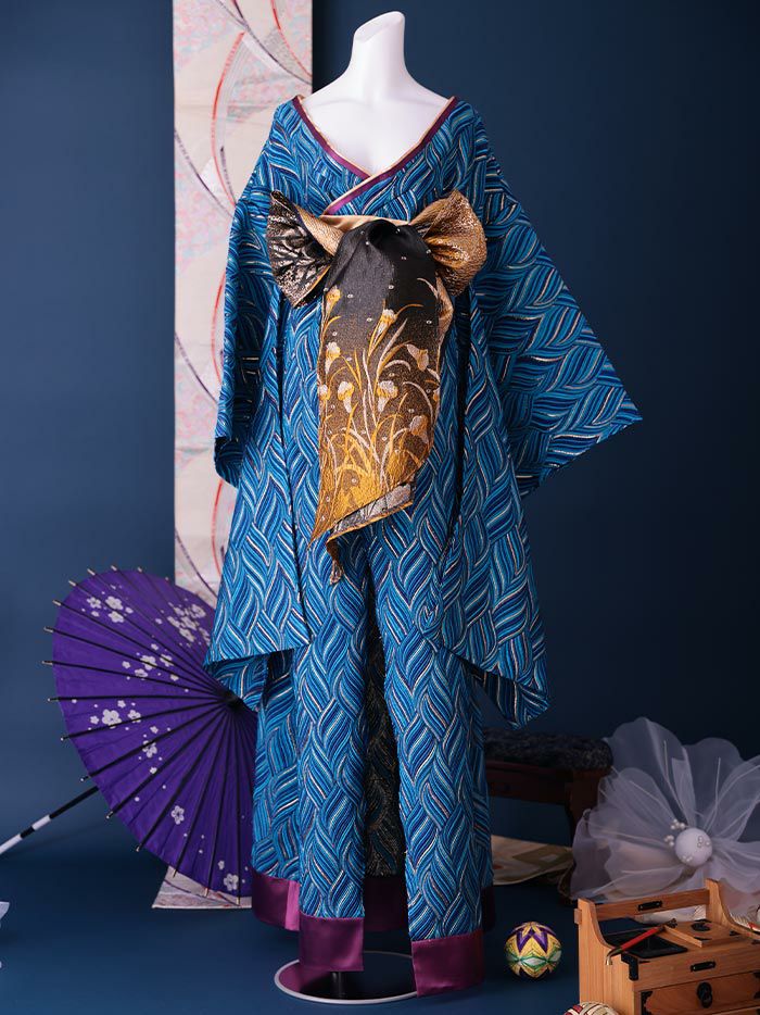 魁コスチューム 青 和柄 本格和装 着物 花魁ドレス vcsot-231073