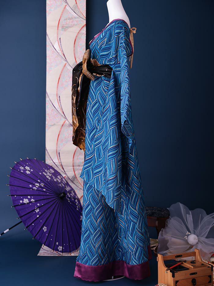 魁コスチューム 青 和柄 本格和装 着物 花魁ドレス vcsot-231073