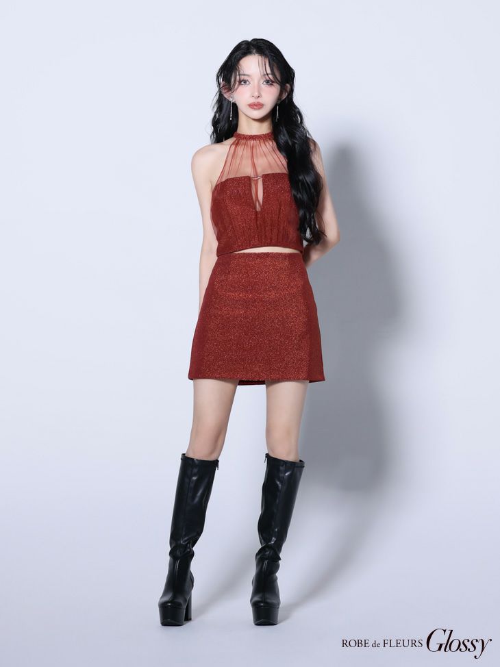 Glossy ローブドフルールグロッシー ホルターネックxラメニットセットアップドレス gl2897-cGlossy ローブドフルールグロッシー ホルターネックxラメニットセットアップドレス gl2897-c