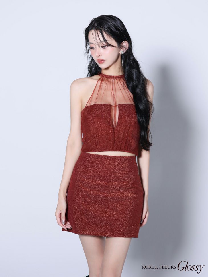 Glossy ローブドフルールグロッシー ホルターネックxラメニットセットアップドレス gl2897-c