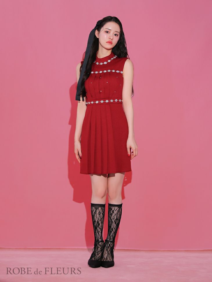 ROBE de FLEURS ローブドフルール スプリングツイード×ビジューフレアミニドレス fm3322-c