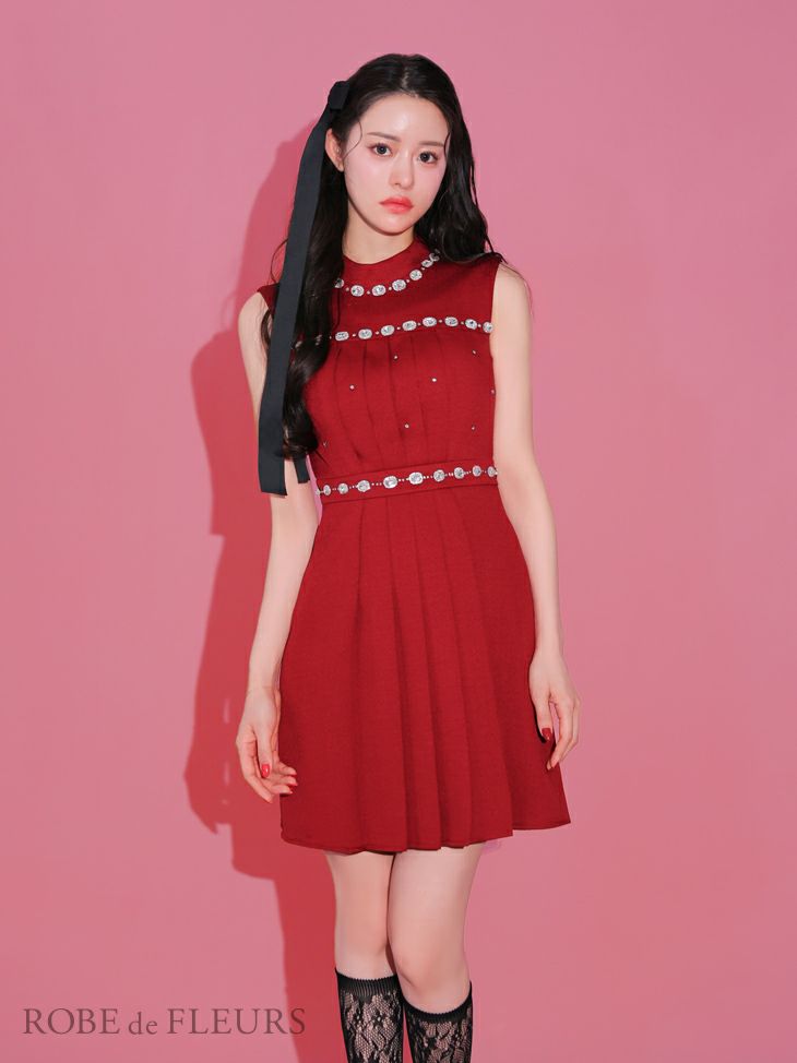 ROBE de FLEURS ローブドフルール スプリングツイード×ビジューフレアミニドレス fm3322-c